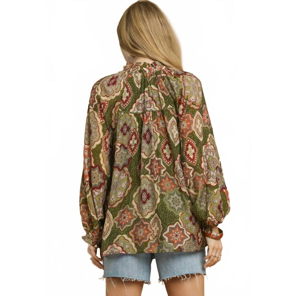 NEW UMGEE boho mosaic button down blouse in olive mix - Picture 3 of 5